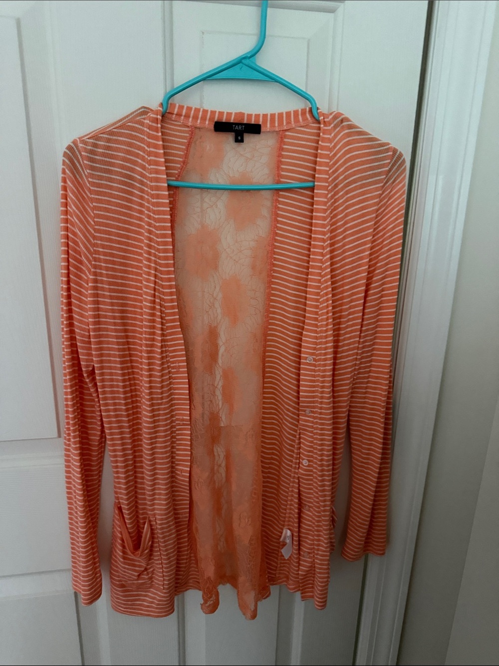 Tart Coral and White Striped Lace-Back Open Cardigan